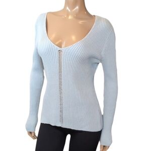 French Connection Sky Blue Vneck Sweater Womens Size Medium Ribbed Lattice